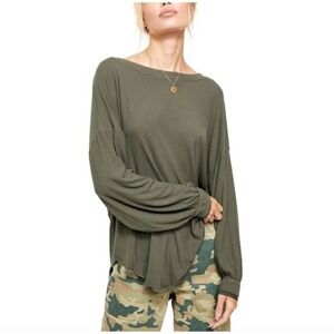 Free People Shimmy Shake Top Shirt Army Green Twist Back Women M Boho Festival